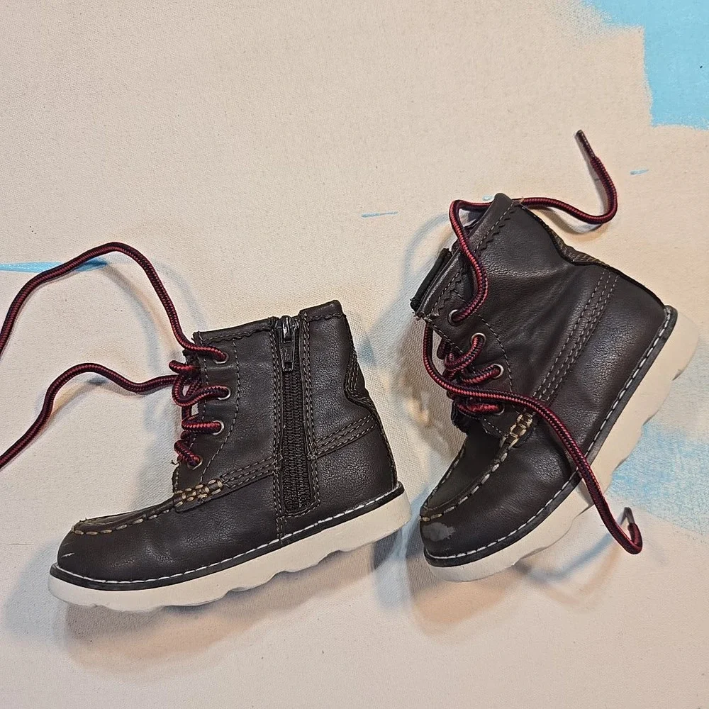 Baby Gap Kids 7 Brown Moc Toe Lace Up Boots Red Laces Side Zip Faux Leather Sole